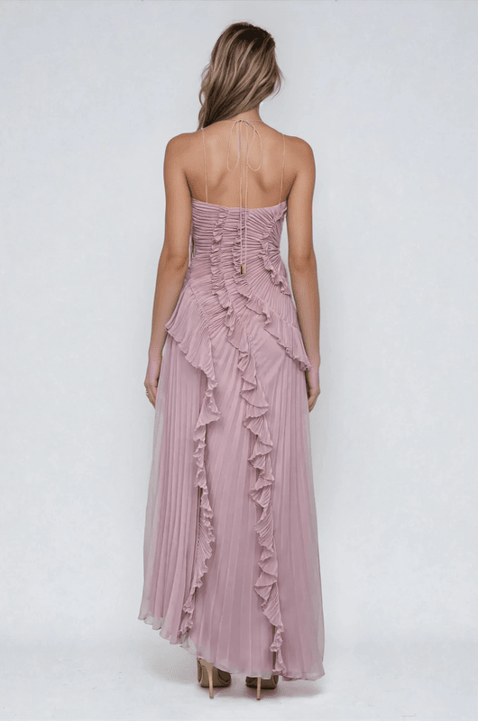 Lila Halter Maxi Jurk met Ruches en Asymmetrische Zoom – Lichtgewicht en Elegante Zomerjurk