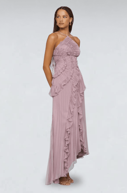 Lila Halter Maxi Jurk met Ruches en Asymmetrische Zoom – Lichtgewicht en Elegante Zomerjurk