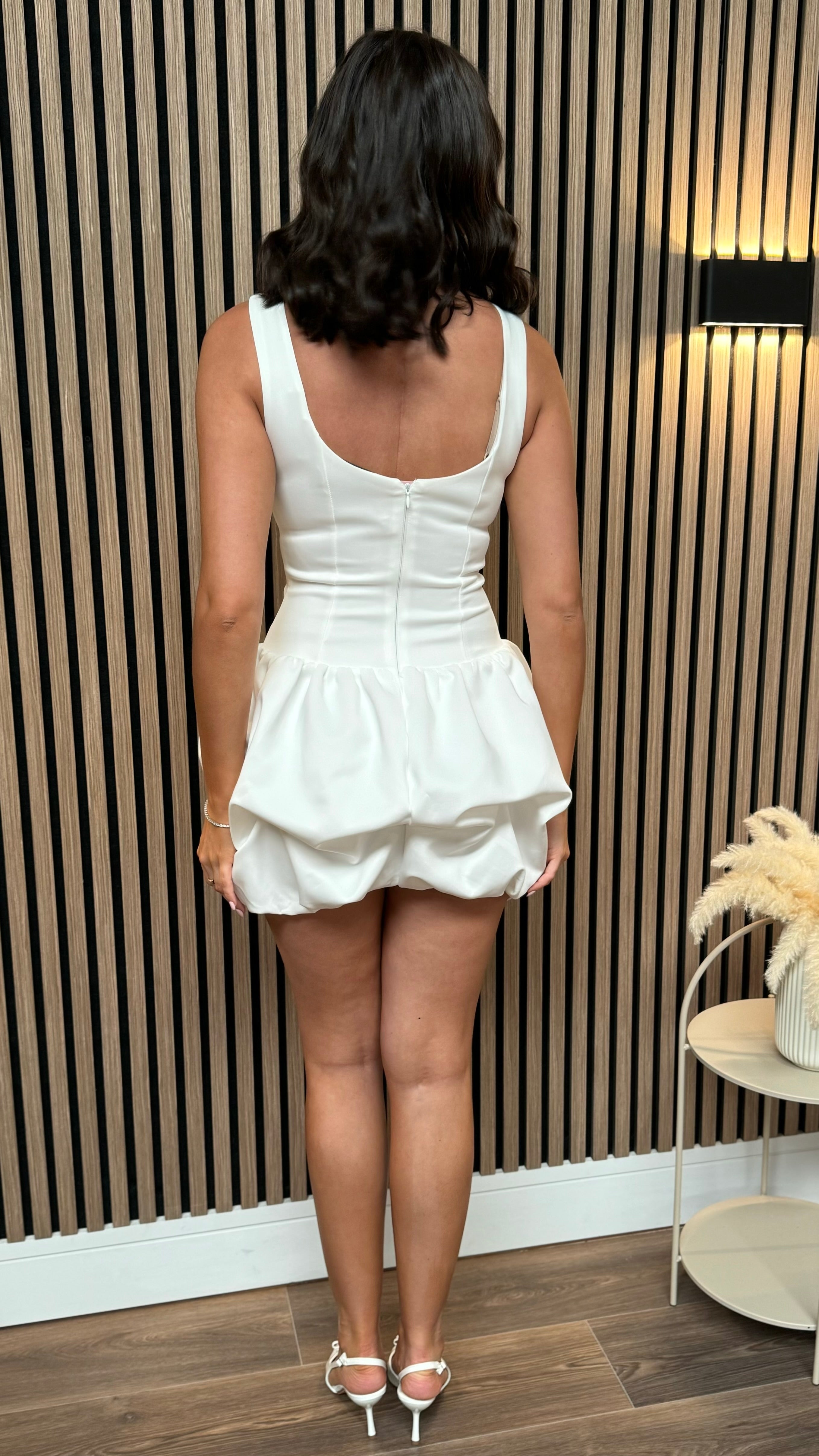 Addy White Pearl Neckline Puff Ball Mini Dress