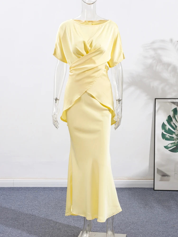 Fashion Yellow Satin Tops Skirt 2 Piece Set Women Lace Up Top High Waist Mermaid Skirt 2025 Summer Sexy New in Matching Suits