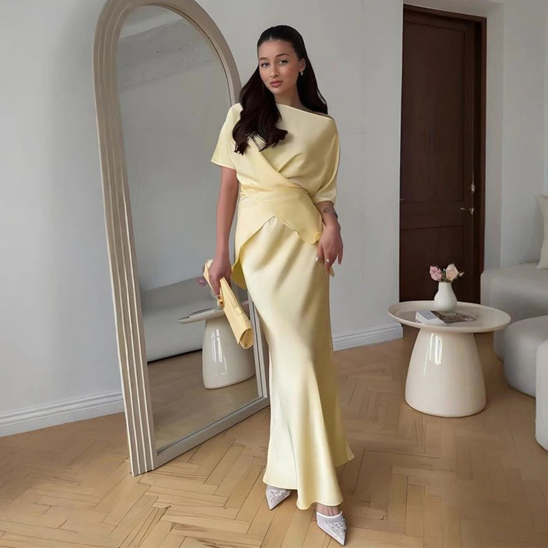 Fashion Yellow Satin Tops Skirt 2 Piece Set Women Lace Up Top High Waist Mermaid Skirt 2025 Summer Sexy New in Matching Suits