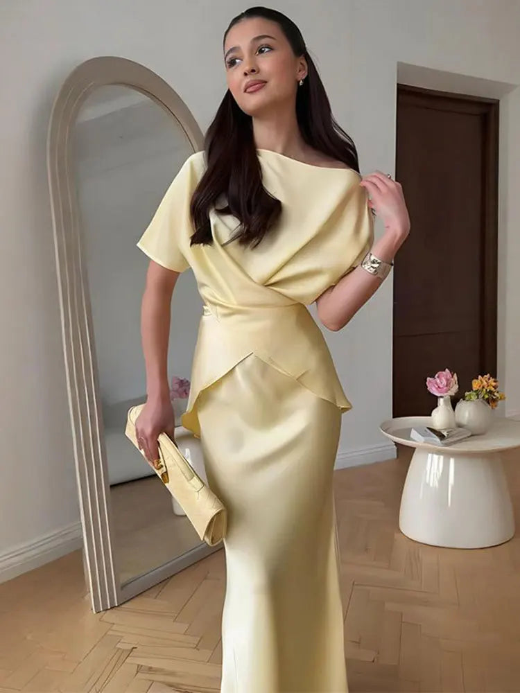 Fashion Yellow Satin Tops Skirt 2 Piece Set Women Lace Up Top High Waist Mermaid Skirt 2025 Summer Sexy New in Matching Suits