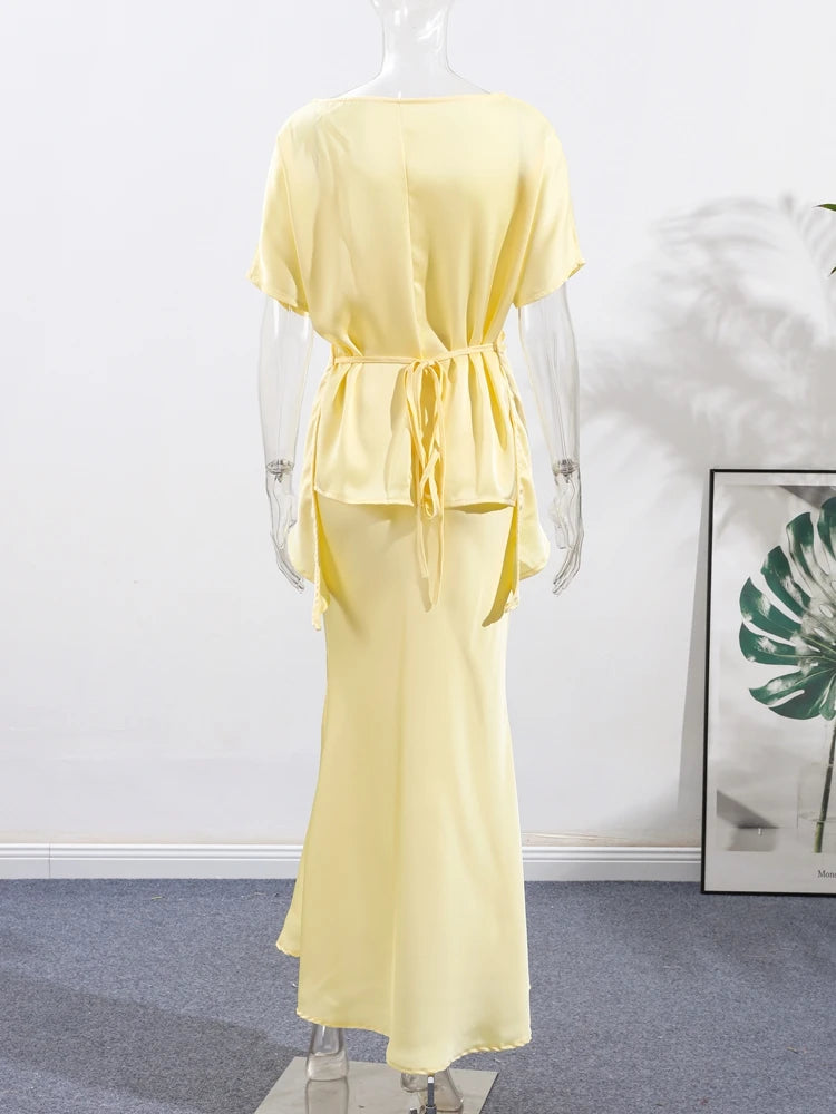 Fashion Yellow Satin Tops Skirt 2 Piece Set Women Lace Up Top High Waist Mermaid Skirt 2025 Summer Sexy New in Matching Suits