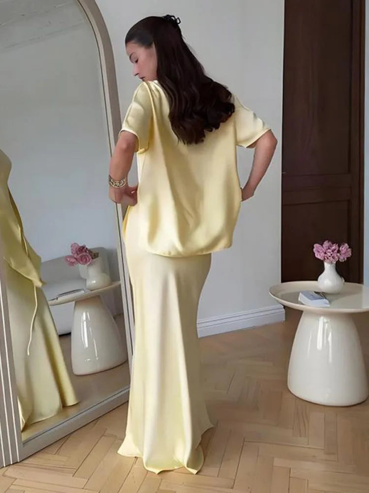 Fashion Yellow Satin Tops Skirt 2 Piece Set Women Lace Up Top High Waist Mermaid Skirt 2025 Summer Sexy New in Matching Suits