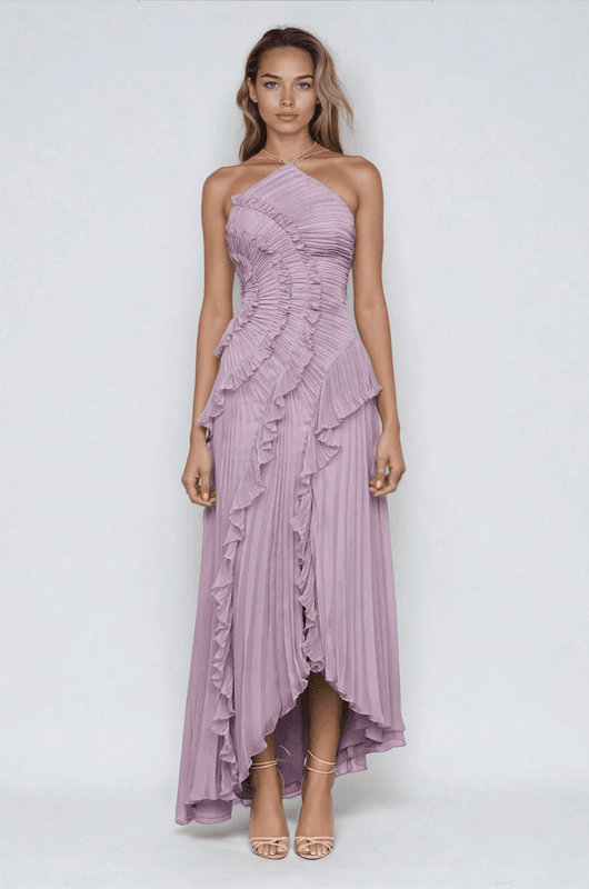 Lila Halter Maxi Jurk met Ruches en Asymmetrische Zoom – Lichtgewicht en Elegante Zomerjurk