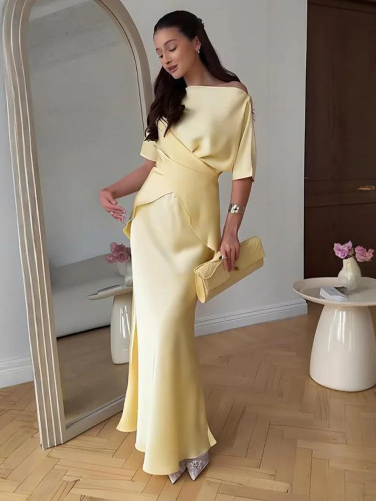 Fashion Yellow Satin Tops Skirt 2 Piece Set Women Lace Up Top High Waist Mermaid Skirt 2025 Summer Sexy New in Matching Suits