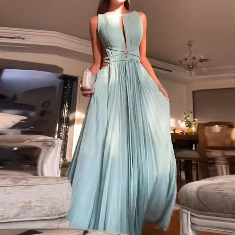Robe longue plissée à col rond pour femme, taille haute, sexy, dos nu, balançoire, plage, printemps, été, fibre solide, robe de soirée